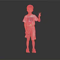 Little Boy In Gray Background Wearing White T-shirt Gray Shorts Blue Sneakers And Peace Sign