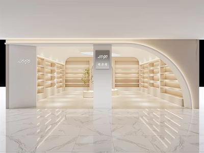 Elegant Modern Specialty Store Interior With Wooden Shelves Marble Floor And Warm Lighting 3d model
