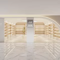 Elegant Modern Specialty Store Interior With Wooden Shelves Marble Floor And Warm Lighting