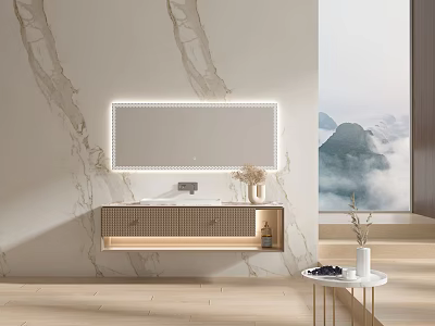 Modern Bathroom Washbasin Vanity With Backlit Mirror And Wooden Cabinet On Marble Wall 3d model