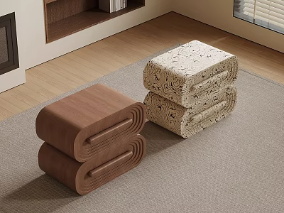 Modern Minimalist Stacked Bedside Tables With Brown Wooden And Patterned Design On Carpeted Floor 3d model