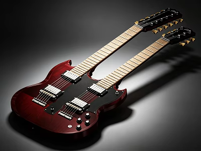 Red Double Neck Electric Guitar With Mahogany Body Gold Hardware And Strings 3d model