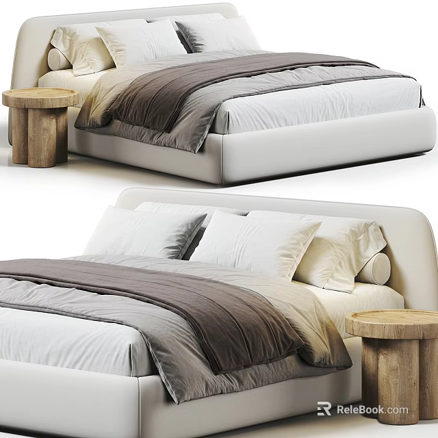 Modern Double Bed With White Headboard Gray And White Bedding And Wooden Stool 3d model 