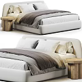 Modern Double Bed With White Headboard Gray And White Bedding And Wooden Stool