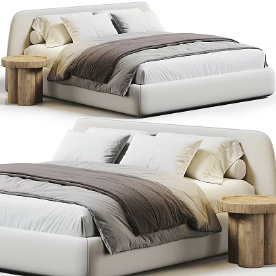 Modern Double Bed With White Headboard Gray And White Bedding And Wooden Stool 3d model