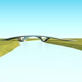 Modern Bridge Design Over River With Green Grassland And Blue Sky