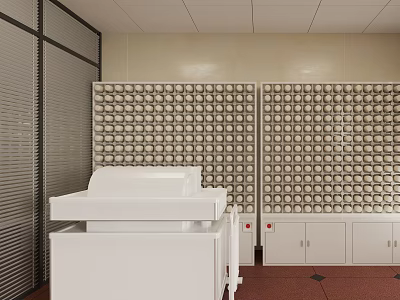 Modern Office Interior With Window Blinds Storage Compartment Wall White Equipment And Red Carpet 3d model