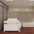 Modern Office Interior With Window Blinds Storage Compartment Wall White Equipment And Red Carpet