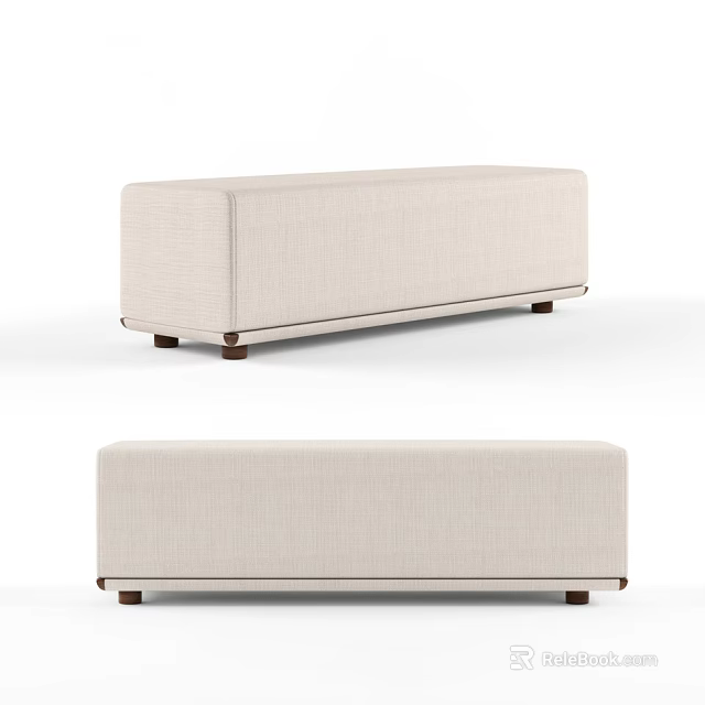 Beige Upholstered Ottoman Bench With Modern Minimalist Design And Wooden Legs 3d model 
