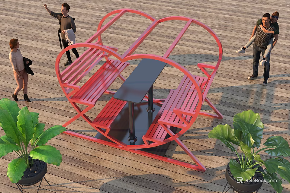 Heart shaped Red Outdoor Table With Attached Benches On Wooden Deck For Outdoor Social Gatherings 3d model 