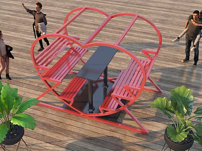 Heart shaped Red Outdoor Table With Attached Benches On Wooden Deck For Outdoor Social Gatherings 3d model