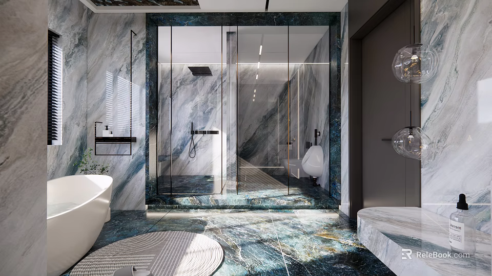 Modern Luxury Bathroom Interior Design With Marble Walls Glass Shower And Freestanding Bathtub 3d model 