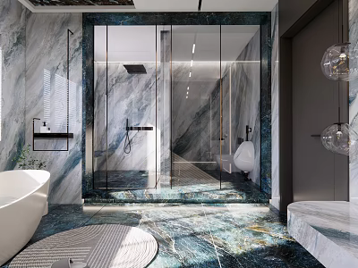 Modern Luxury Bathroom Interior Design With Marble Walls Glass Shower And Freestanding Bathtub 3d model