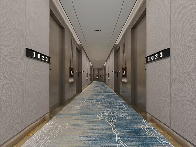 Modern Elevator Hallway With Wall Panels Patterned Carpet And Room Number Signs 3d model