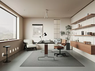 Study Middle Ancient Study Decoration Bookshelf Desk and Chair Retro Study Leisure Chair Bar Chair Potted Plant 3d model