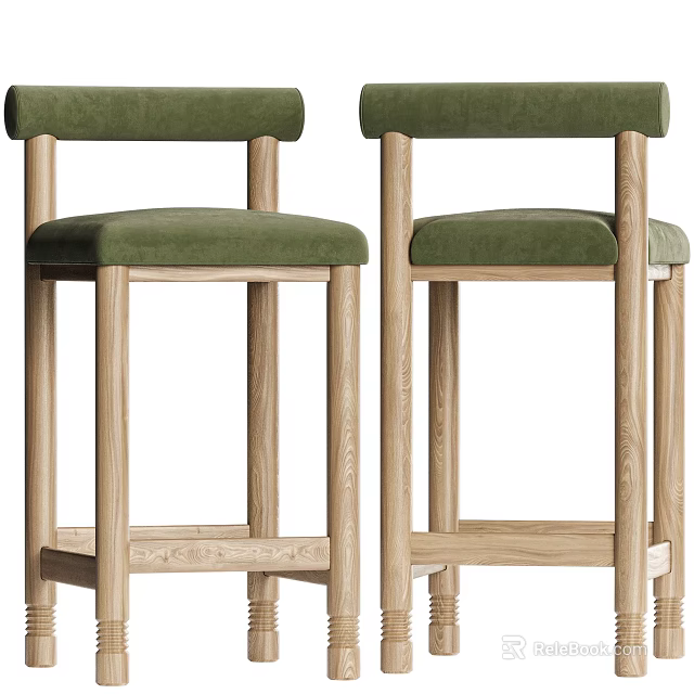 Modern Bar Stools With Green Upholstered Seats And Natural Wooden Legs 3d model 