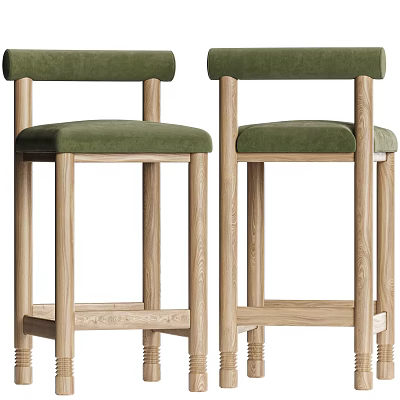 Modern Bar Stools With Green Upholstered Seats And Natural Wooden Legs 3d model