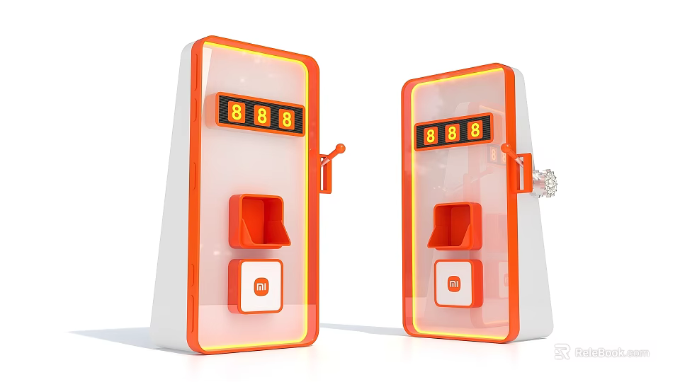 Two Orange White Fuel Dispensers With Digital Displays Nozzles Coin Slots And Buttons 3d model 
