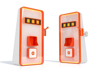Two Orange White Fuel Dispensers With Digital Displays Nozzles Coin Slots And Buttons 3d model