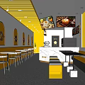 Bright Yellow White Bubble Tea Shop Interior Design With Circular Logos Tables Chairs And Cactus