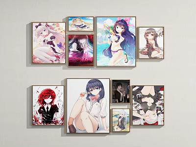 Anime Character Paintings with Various Poses and Hair Colors Hanging on Wall Collection 3d model