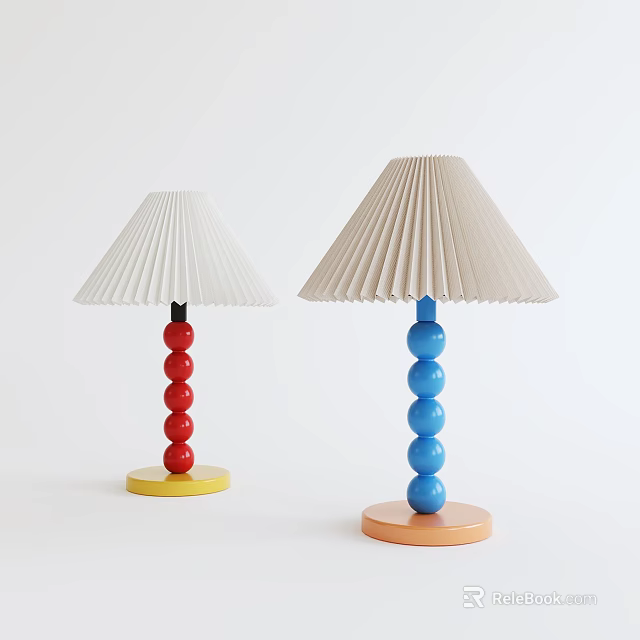 Colorful Stacked Ball Base Table Lamps With Pleated White Beige Shades Yellow Orange Bases 3d model 