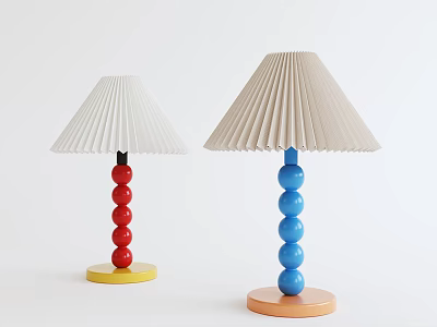 Colorful Stacked Ball Base Table Lamps With Pleated White Beige Shades Yellow Orange Bases 3d model