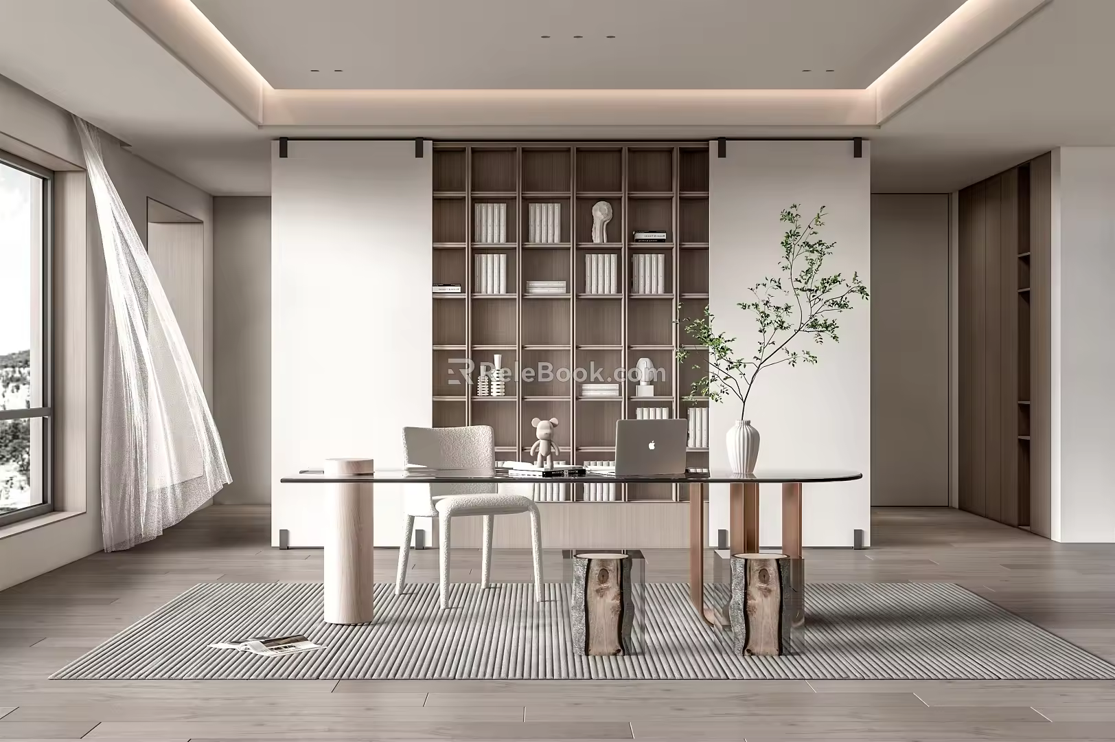 Modern Study Desk and Chair Combination Bookcase Curtain Low Stool Laptop Computer Green Plant Vase Ornaments 3d model