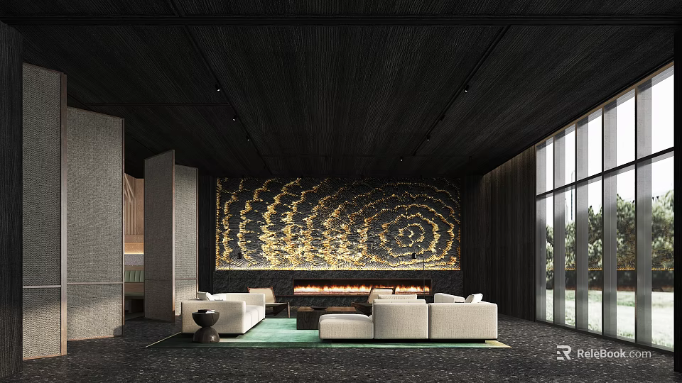 Modern Luxury Lounge Interior Design With Golden Patterned Wall And White Sofas 3d model