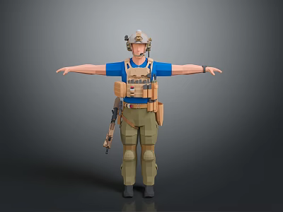 3D Tactical Character With Helmet Blue Shirt Brown Vest Green Pants Knee Pads And Rifle 3d model