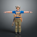 3D Tactical Character With Helmet Blue Shirt Brown Vest Green Pants Knee Pads And Rifle