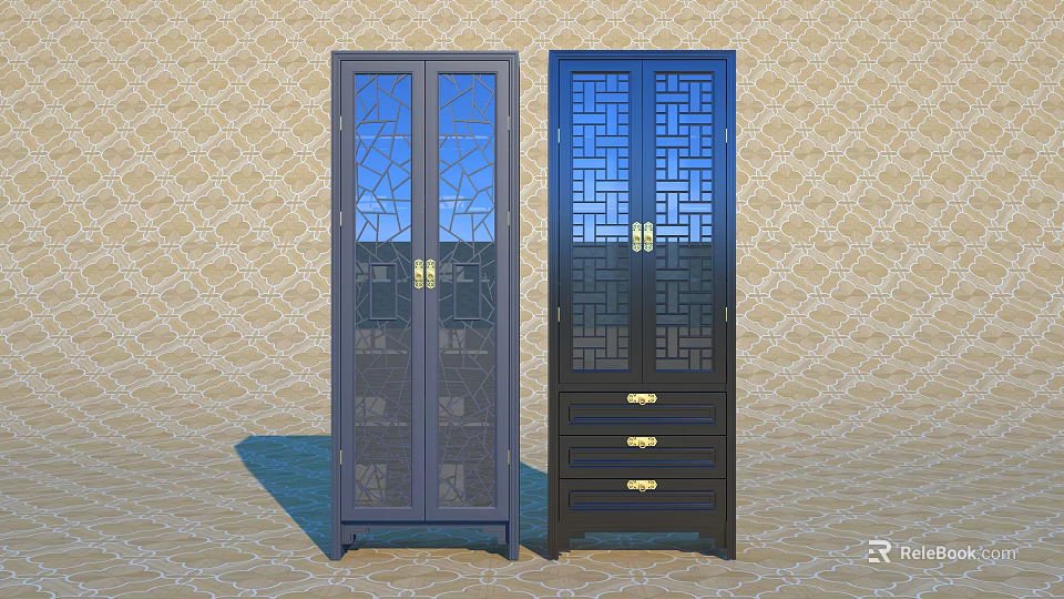 Two Different Design Bookcases With Glass Doors Lattice Panels And Gold Handle Drawers 3d model 