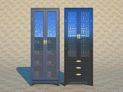 Two Different Design Bookcases With Glass Doors Lattice Panels And Gold Handle Drawers 3d model