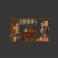 Wooden Market Stall With Shelves Ceramic Bowls Green Plants And Stone Brick Floor