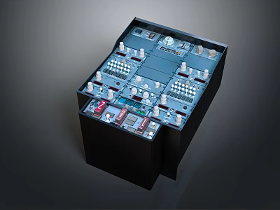 Black Electrical Control Panel With White Buttons Knobs Indicators Colorful Components And Layered Structure 3d model