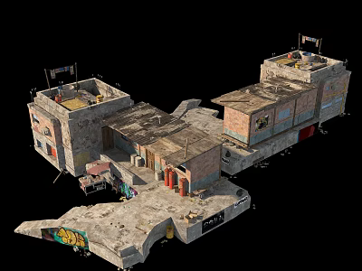 Detailed Urban Warfare Game Map 3D Model Featuring Damaged Brick Buildings Roof Flags And Graffiti 3d model