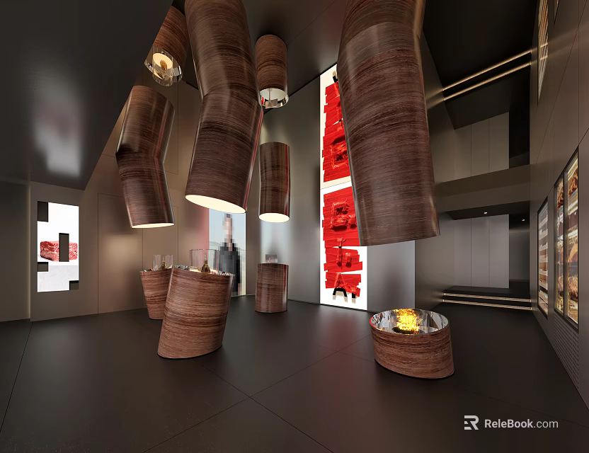 Modern Interior Design With Wooden Pendant Lights Fire Pit And Red Decorative Elements 3d model 