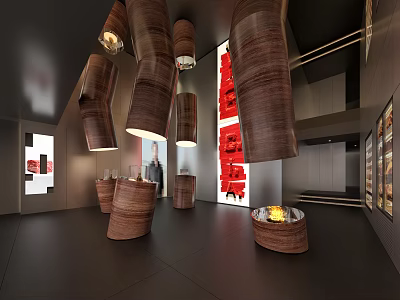 Modern Interior Design With Wooden Pendant Lights Fire Pit And Red Decorative Elements 3d model