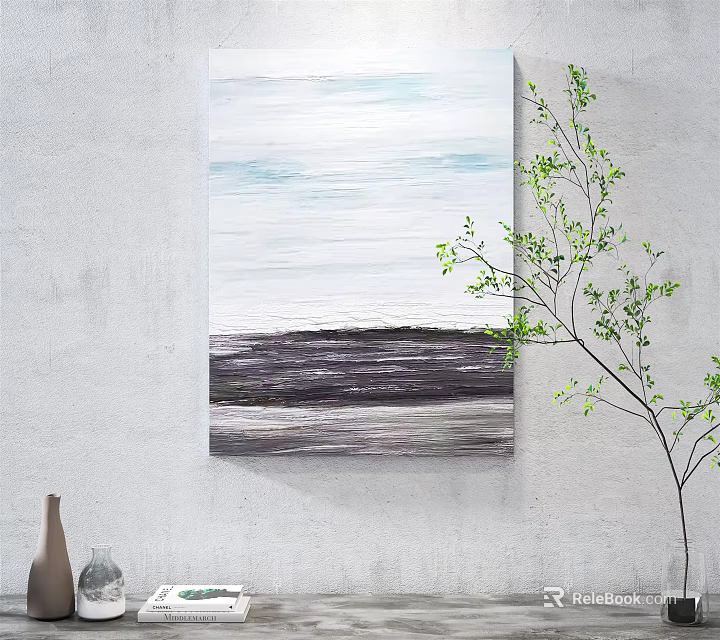 Abstract Painting With White Blue Tones On Gray Wall Near Green Branch Decor 3d model 