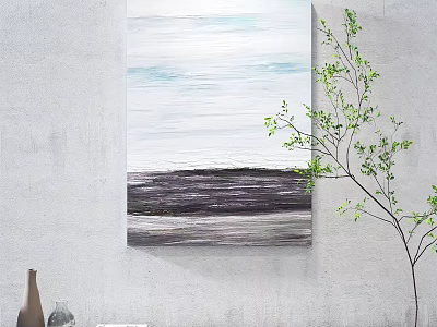 Abstract Painting With White Blue Tones On Gray Wall Near Green Branch Decor 3d model