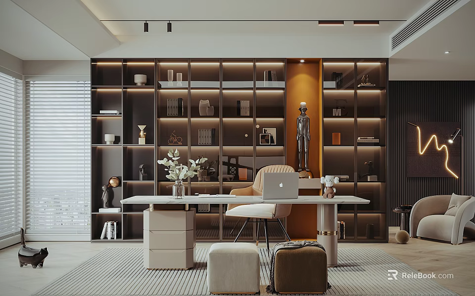 Modern Study Room Interior With Built in Shelves White Desk And Warm Lighting 3d model 