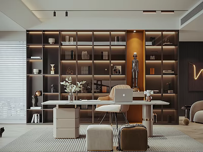 Modern Study Room Interior With Built in Shelves White Desk And Warm Lighting 3d model
