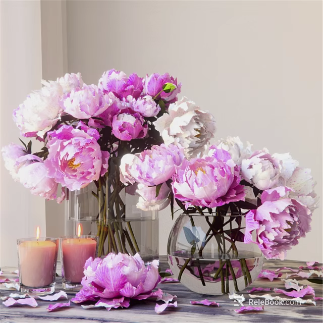 Ornamental Decor Set with Pink White Peony Flowers Transparent Vases Light Pink Candles Scattered Petals 3d model 