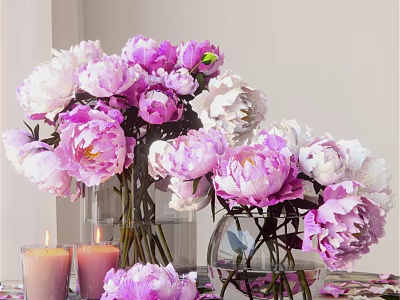 Ornamental Decor Set with Pink White Peony Flowers Transparent Vases Light Pink Candles Scattered Petals 3d model