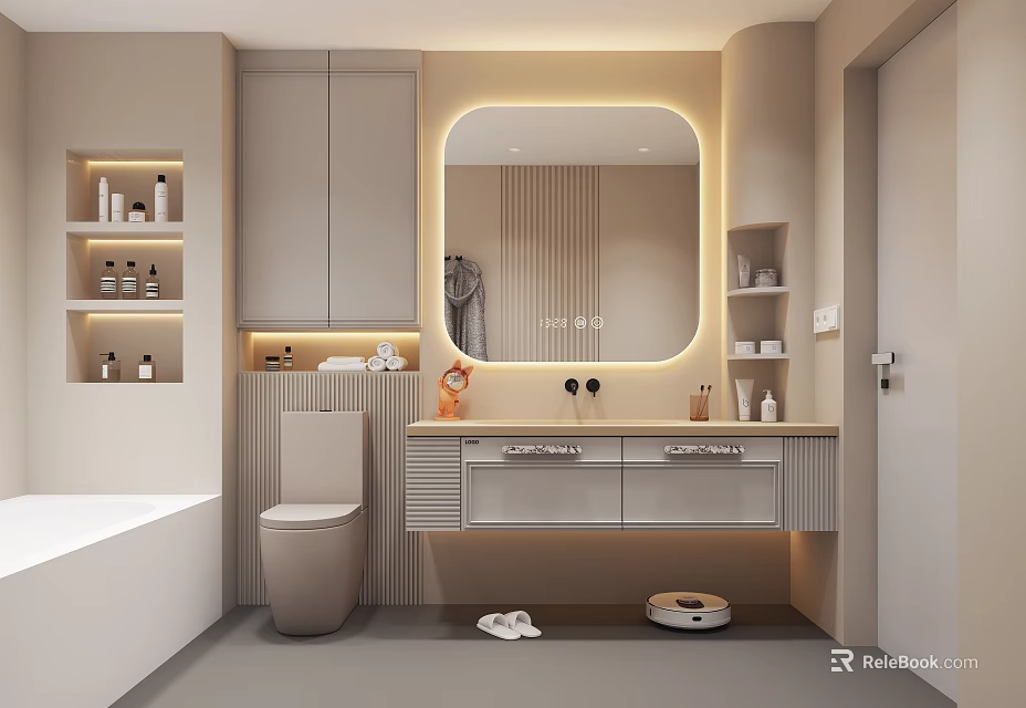 Modern Bathroom Interior Design With Vanity Backlit Mirror And Cabinets 3d model