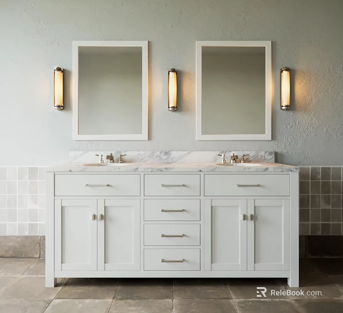 Modern Bathroom Vanity Featuring Double Mirrors Wall Sconces Marble Countertop And White Cabinets 3d model 
