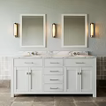 Modern Bathroom Vanity Featuring Double Mirrors Wall Sconces Marble Countertop And White Cabinets