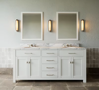 Modern Bathroom Vanity Featuring Double Mirrors Wall Sconces Marble Countertop And White Cabinets 3d model