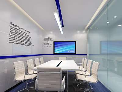 Modern Conference Room With White Table Chairs Large Screen TV And Glass Walls 3d model