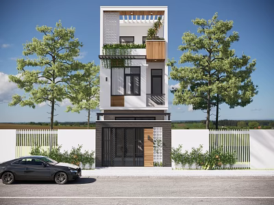 Modern Three Story Detached Villa Exterior With Wooden Accents Balcony Green Plants Large Trees 3d model